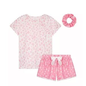 NWT Max & Olivia Girls T-shirt and Shorts Scrunchie Pajama Set, 3 Piece Medium